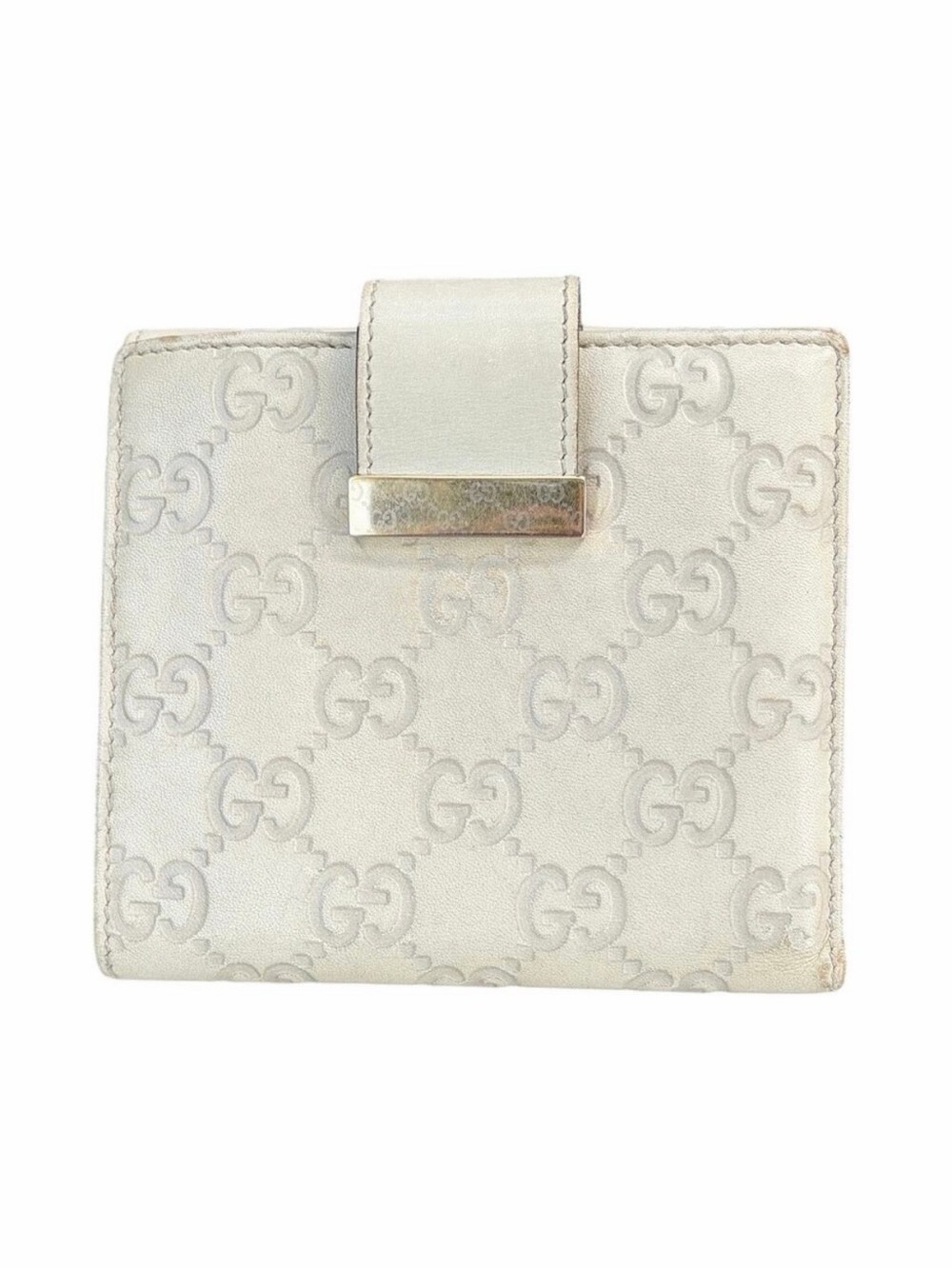 Gucci Guccissima Ivory Leather Compact Wallet with Gold Tab Snap Closure